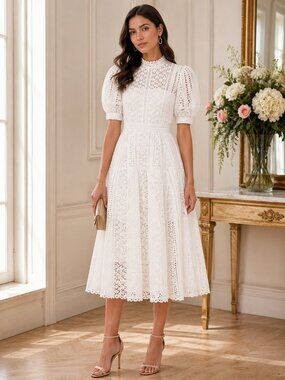 Self Portrait Broderie White Cotton Eyelet Lace Midi Dress with High Neck Sz 4